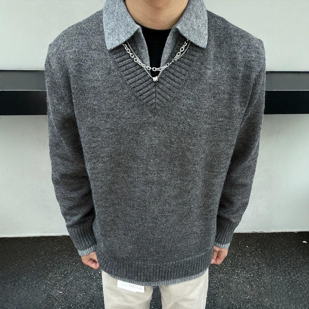 Old money wind fake two v-neck sweater men's autumn high-end American retro knitted Polo bottoming shirt