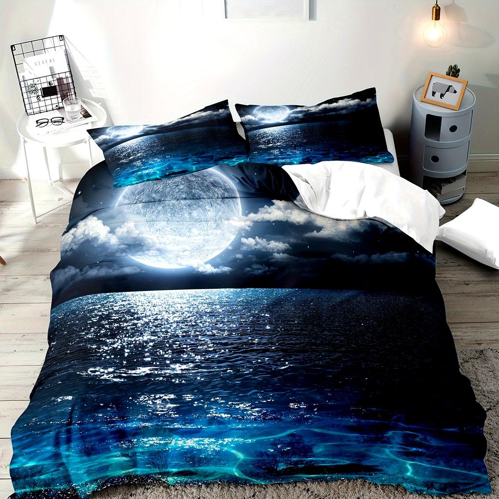 3PCS 3D Ocean Moon Nightscape Bedding Set High Definition Digital Print Duvet Cover With Pillowcases No Insert Queen Size