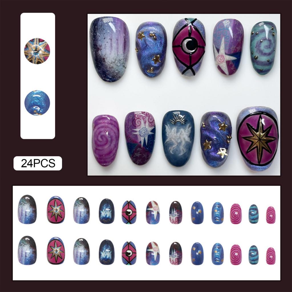 24Pcs Y2K Almond Press On Nails Moon Star Swan Pattern Full Cover Detachable False Nails Sweet Cool Fake Nail Tips