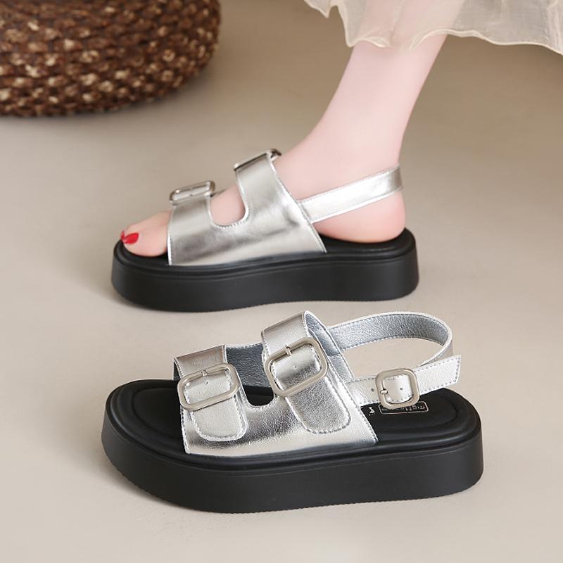 CRLAYDK Platform Sandals for Women Summer Silvery Outdoor Beach Open Toe Slides Ladies Casual Buckle Straps Walking Slippers