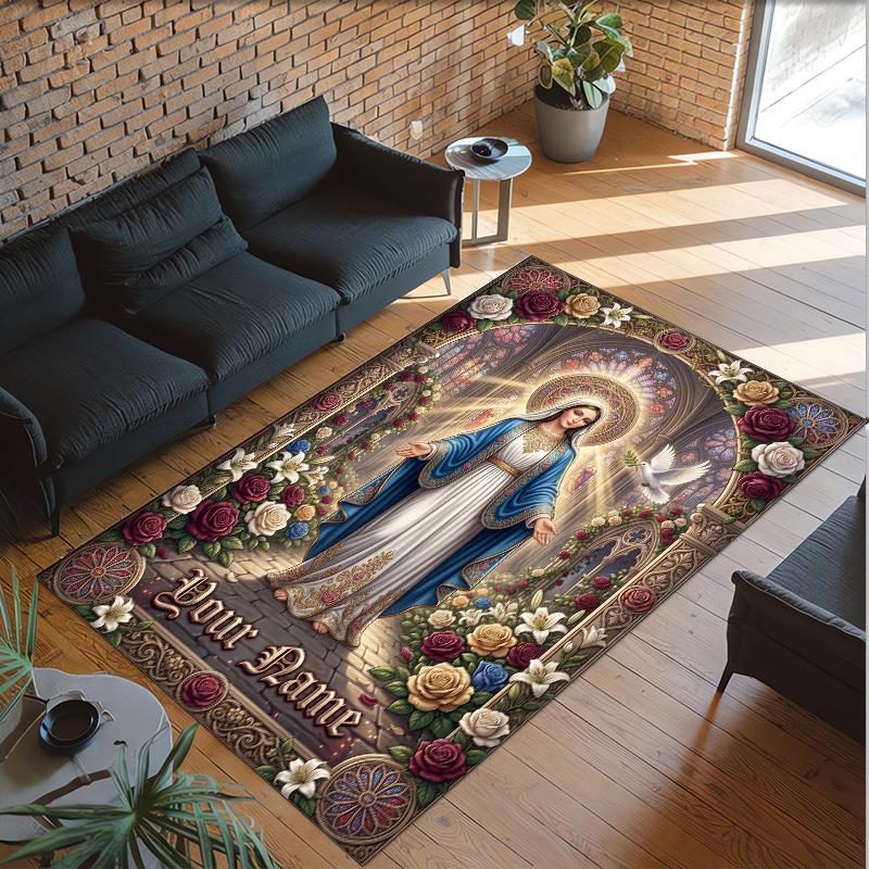 Virgin Mary Theme Crystal Velvet Rug Personalized Custom Name Text Soft Floor Mat Home Decor