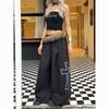 Women's Black Casual Pants with Detachable Fur Collar and Rhinestone Cross