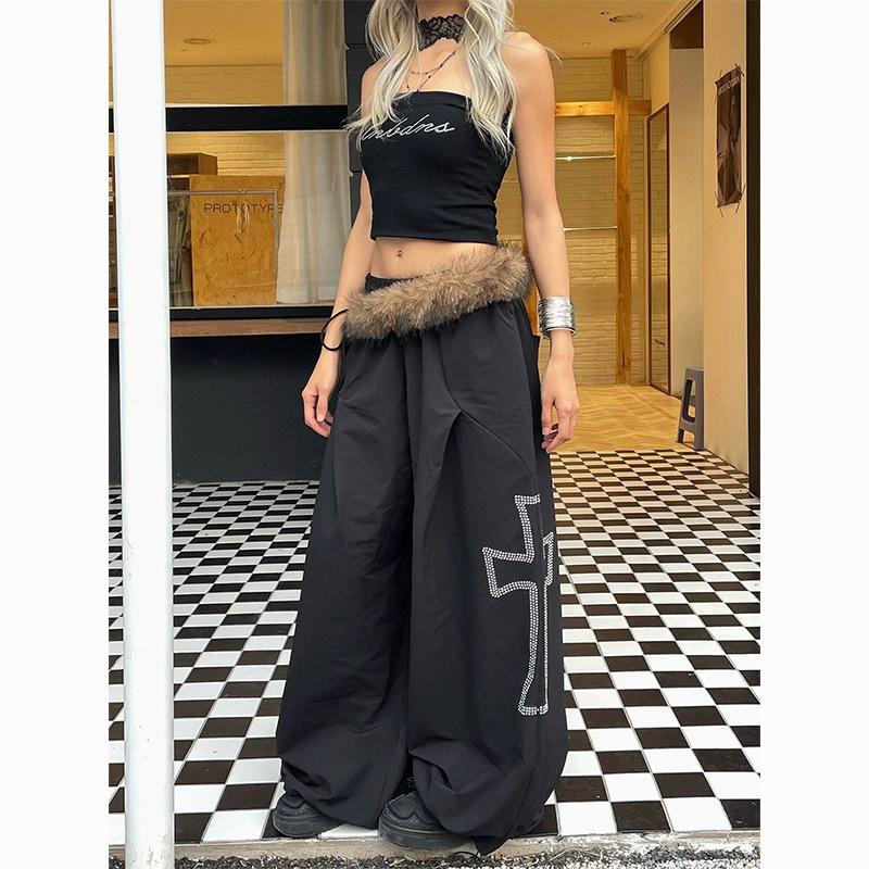

Women s Black Casual Pants with Detachable Fur Collar and Rhinestone Cross Medium