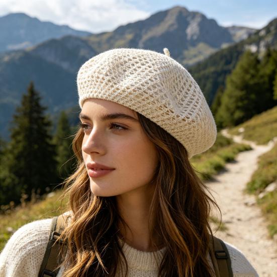 Yousheng Women Beret Hat, Hollow Design Gauze Beret Hat, Solid Color Versatile Headwear for Hiking Outings Traveling Shopping And Daily