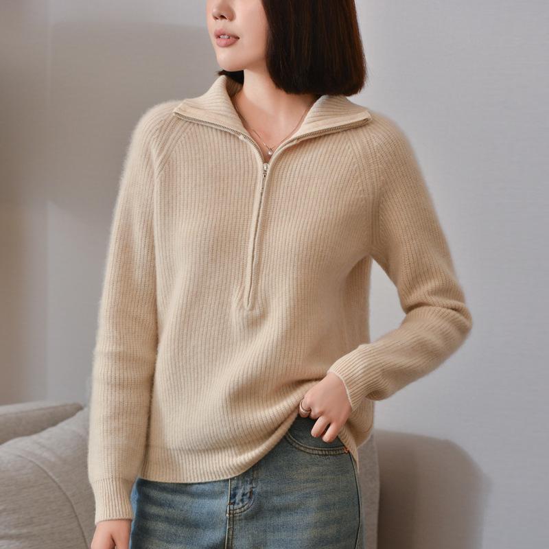 Women's Versatile Half-Zip Stand Collar Wool Sweater - Solid Color, Long Sleeve Knitwear for Autumn and Winter