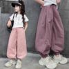 Pantaloni Cargo Lunghi Casual Larghi Monocolore Vita Alta Per Bambine