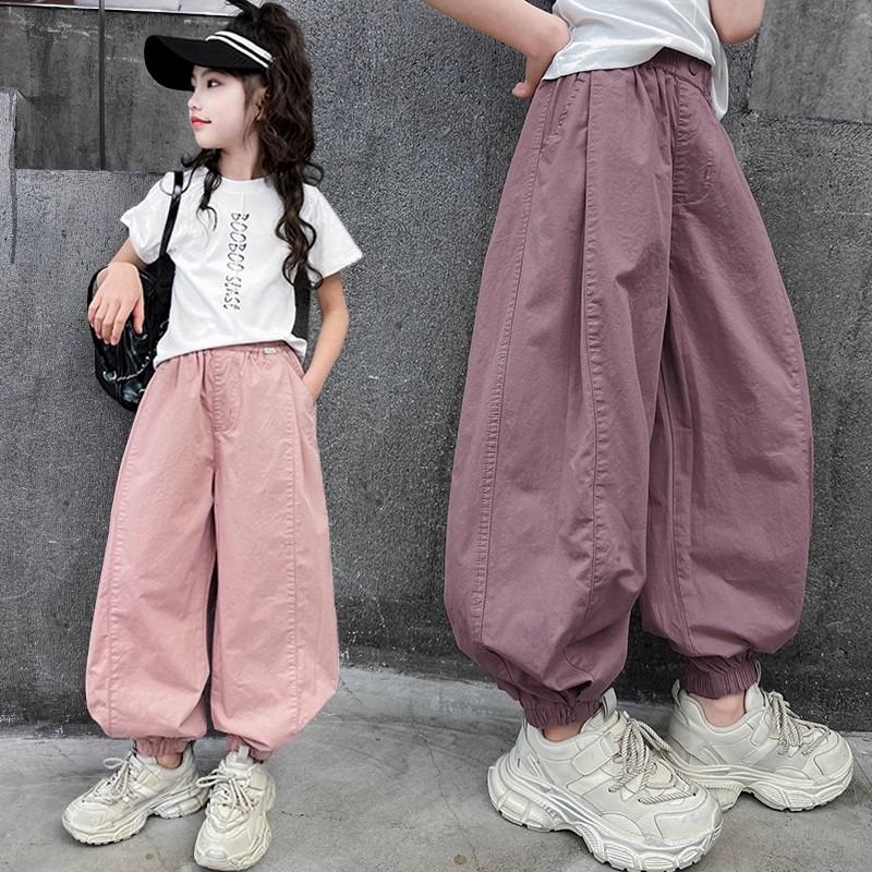 Lässige lockere einfarbige High-Waist lange Cargohosen für Kinder Mädchen