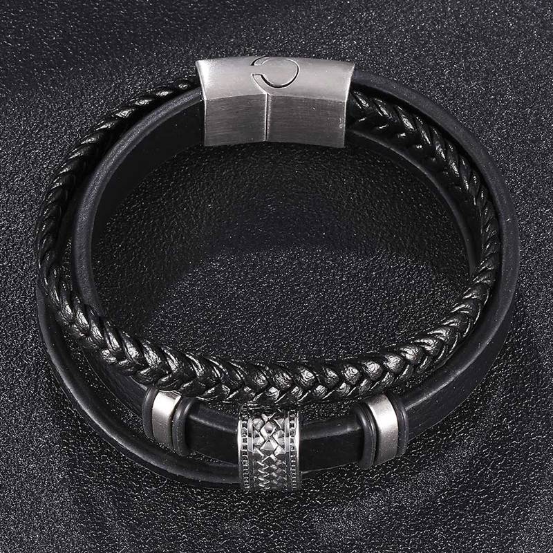New Fashion Men Multilayer Braided Leather Bracelets Stainless Steel Hand Charm Rope Bracelets For Male Bracelets Gift