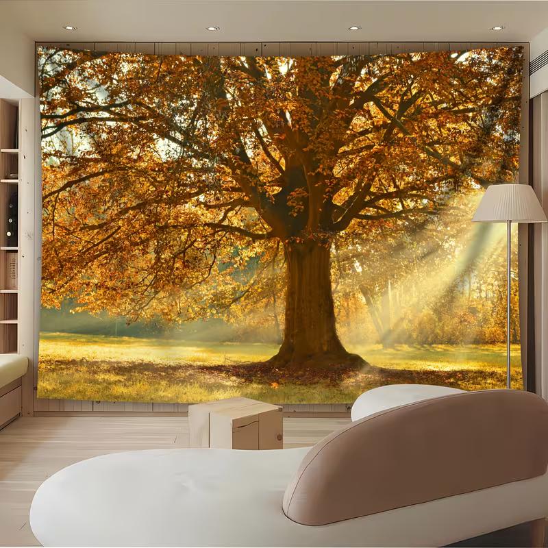 2D Enchanted Autumn Forest Tapestry Giant Oak with Sunlight Wall Hanging