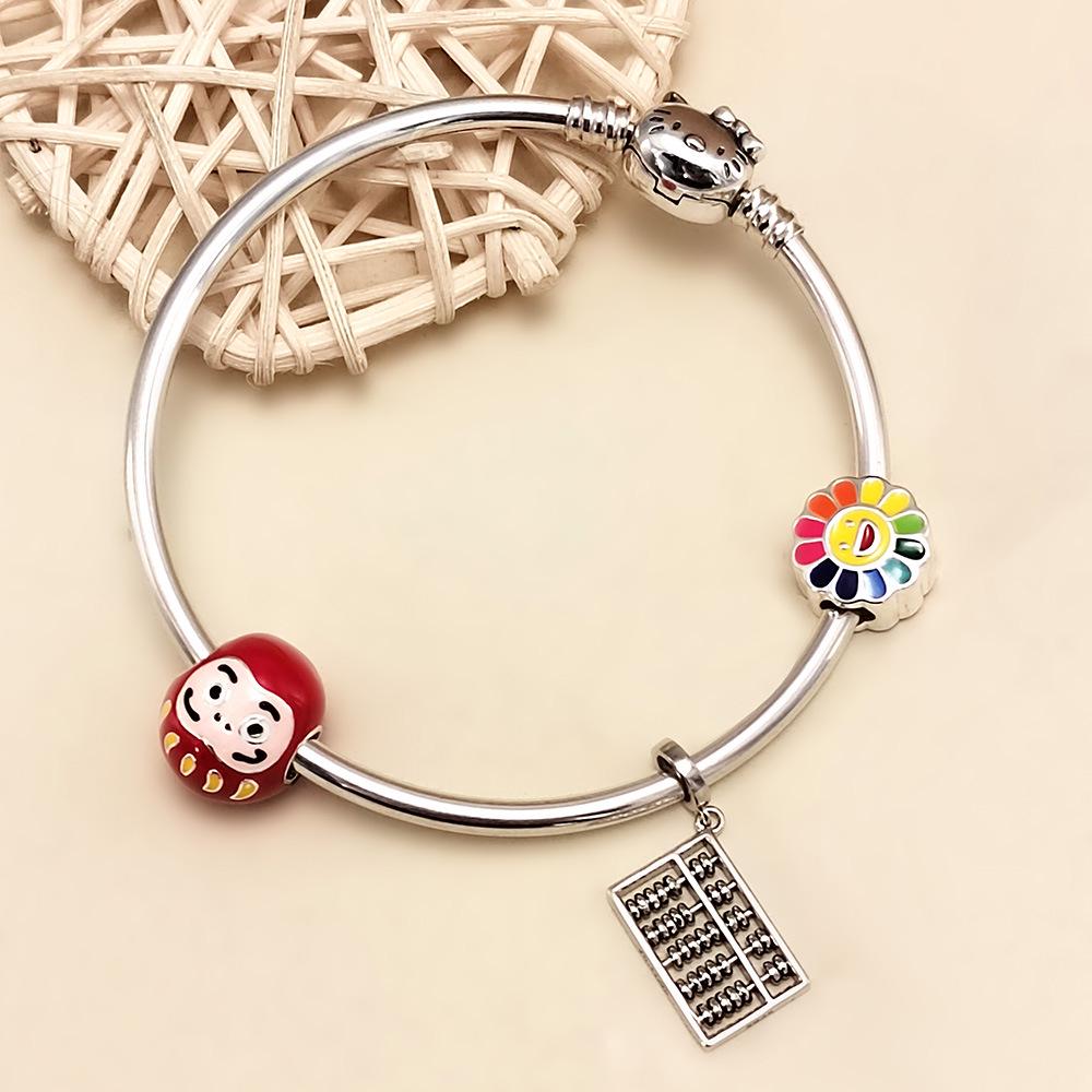 Bracciale Charm Daruma Rosso in Argento Sterling 925 per Donna - Perla di Cartone Animato Auspicioso