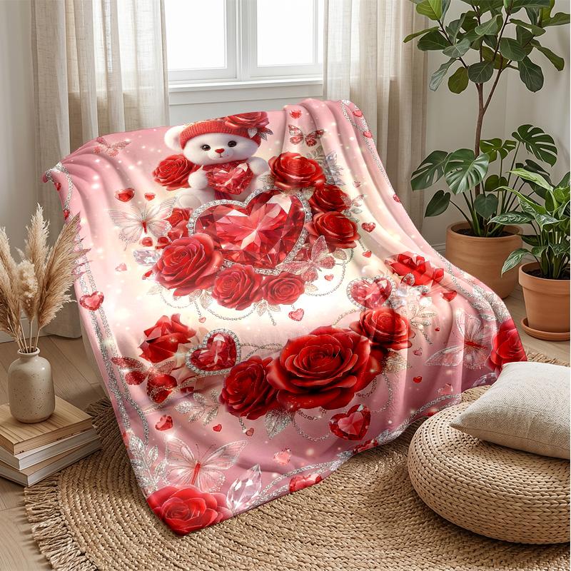 Teddy Bear On Moon with Lantern Theme Blanket Lightweight Warm Flannel Blanket Decorative Throw Blanket for Home Decoration