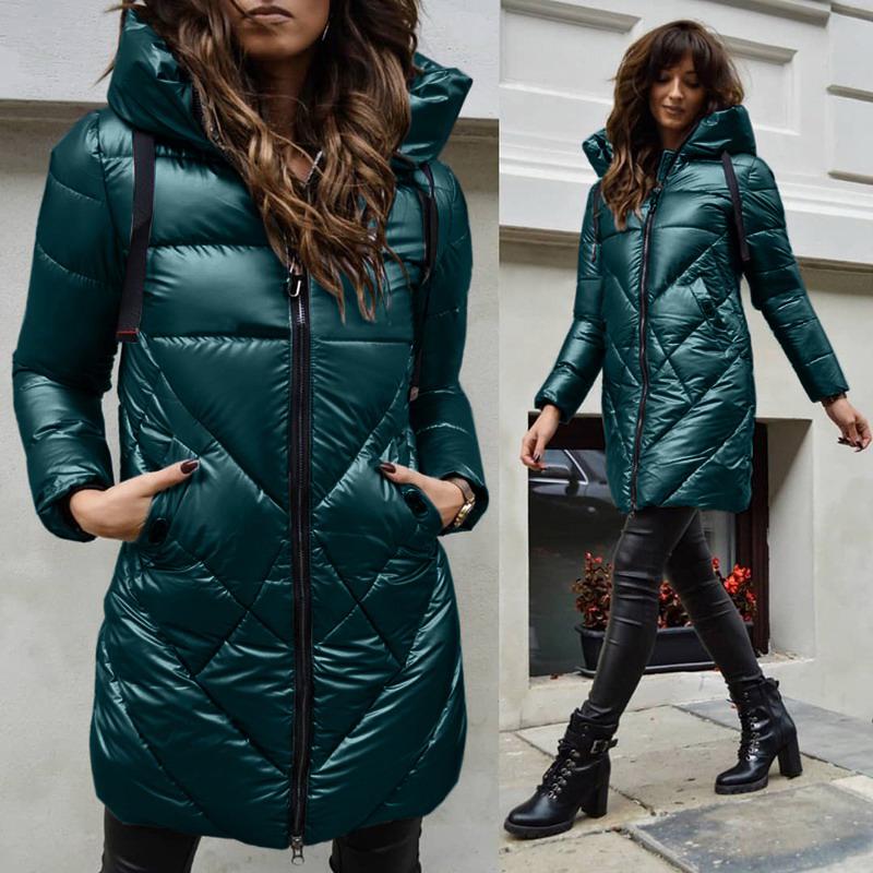 Plus Size Women Autumn Pure Color Long Cotton Hooded Coat