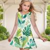 Girls Round Neck Sleeveless Tropical Leaf Printed A Line Flared Dress