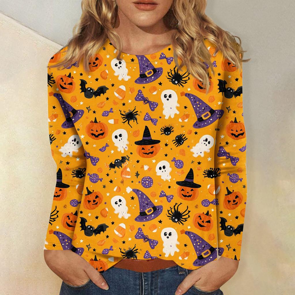 Women's long-sleeved loose-necked Halloween print casual top , suitable for holiday parties
