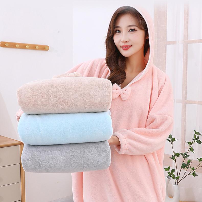Spring/Autumn Long Home Bathrobes for Women Can Wear Absorbent Bath Towels Coral Velvet Thickened Household Hooded Long Sleeved Bath Skirts