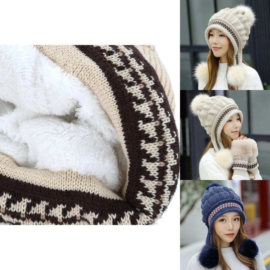 Elegant Fashion Winter Hat Gloves Set For Women With Warm Knit Beanie And Pompoms