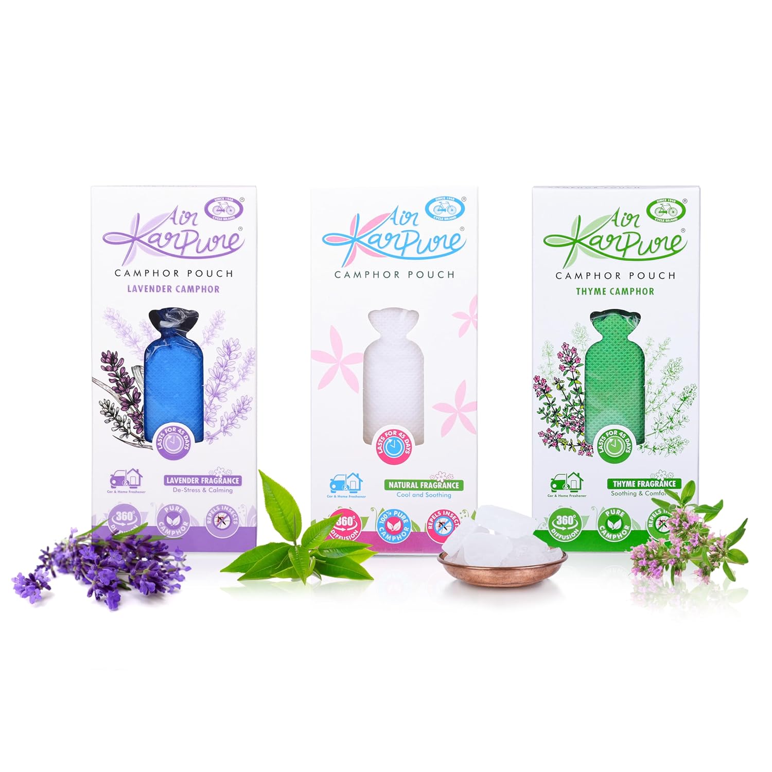 

Cycle Pure Karpure Camphor Pouch Pack of 3 Lavender Thyme Bhimseni Air Freshener for Home Car Office