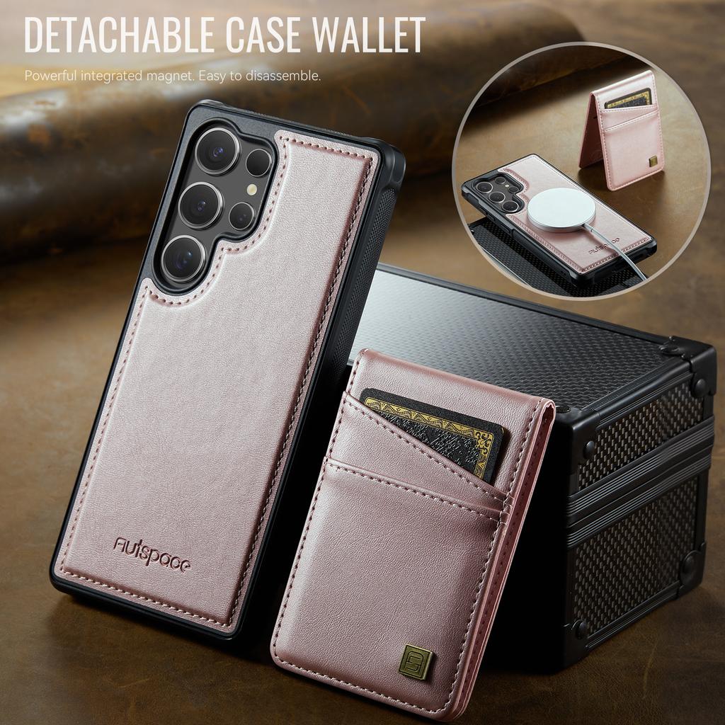 For Samsung Galaxy S25 Ultra Case AUTSPACE A12 Leather Back Cover with Magnetic Detachable Card Bag Kickstand