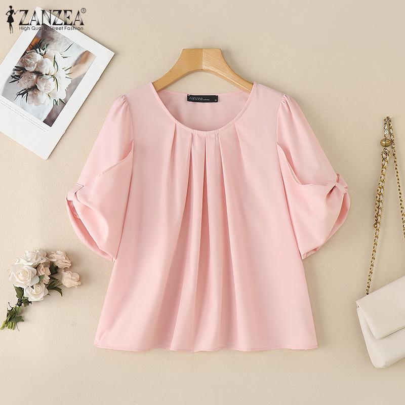 ZANZEA Blusa Casual de Verano para Mujer con Cuello Redondo y Manga Corta