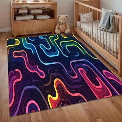 Neon Wavy Line Print Non Slip Area Rug Soft Washable Entryway Floor Mat for Living Room Bedroom Kitchen Modern Vibe Decor Pieces