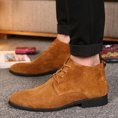 New Korean Version Men's Genuine Suede Leather Chelsea Boots High Top Boots Business Dress Shoes Fashion Lace Up Men Ankle Boots