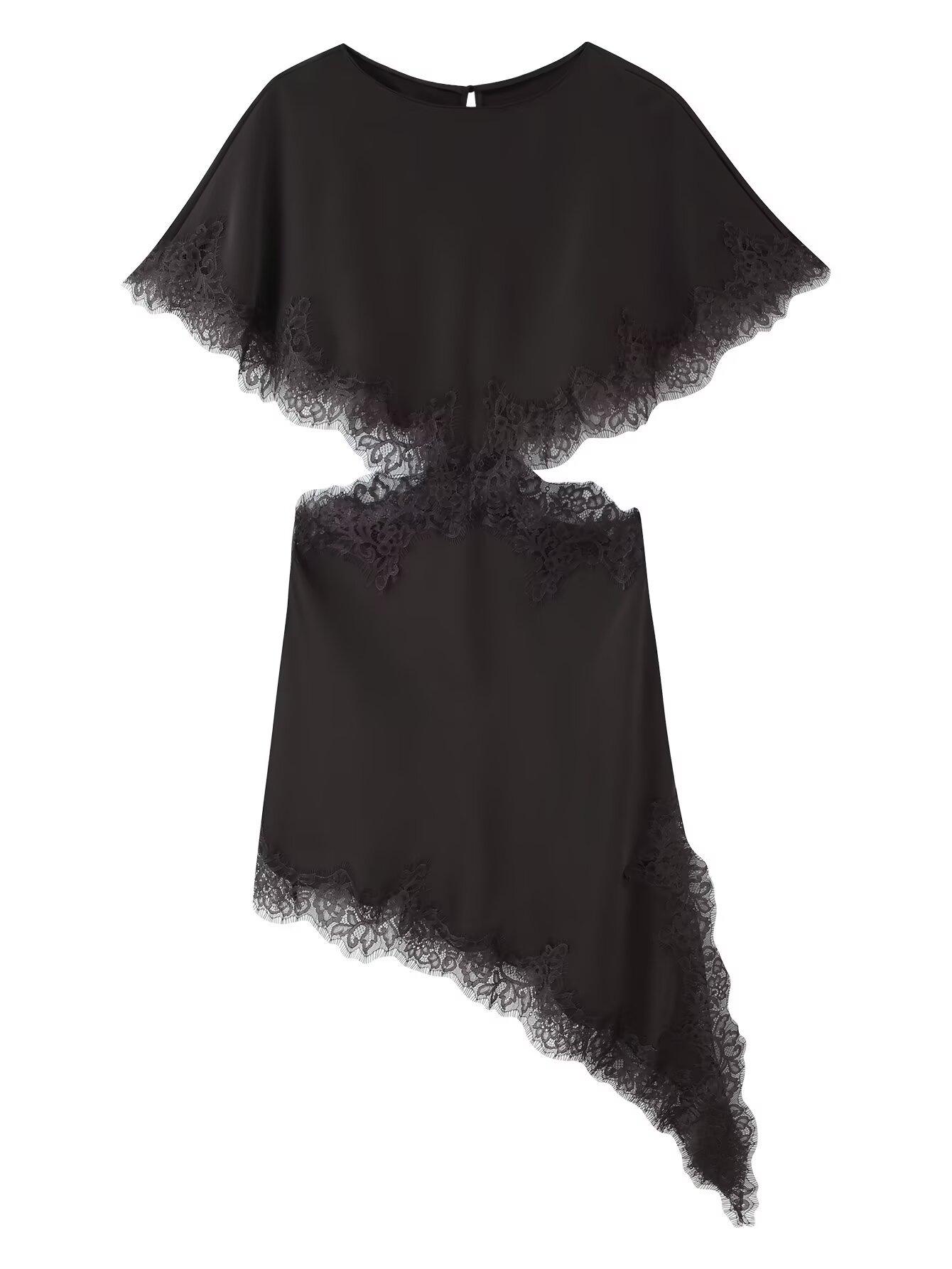 Autumn/Winter Lace Trim Cut-Out Waist Patchwork Dress for Women Small темно-коричневого
