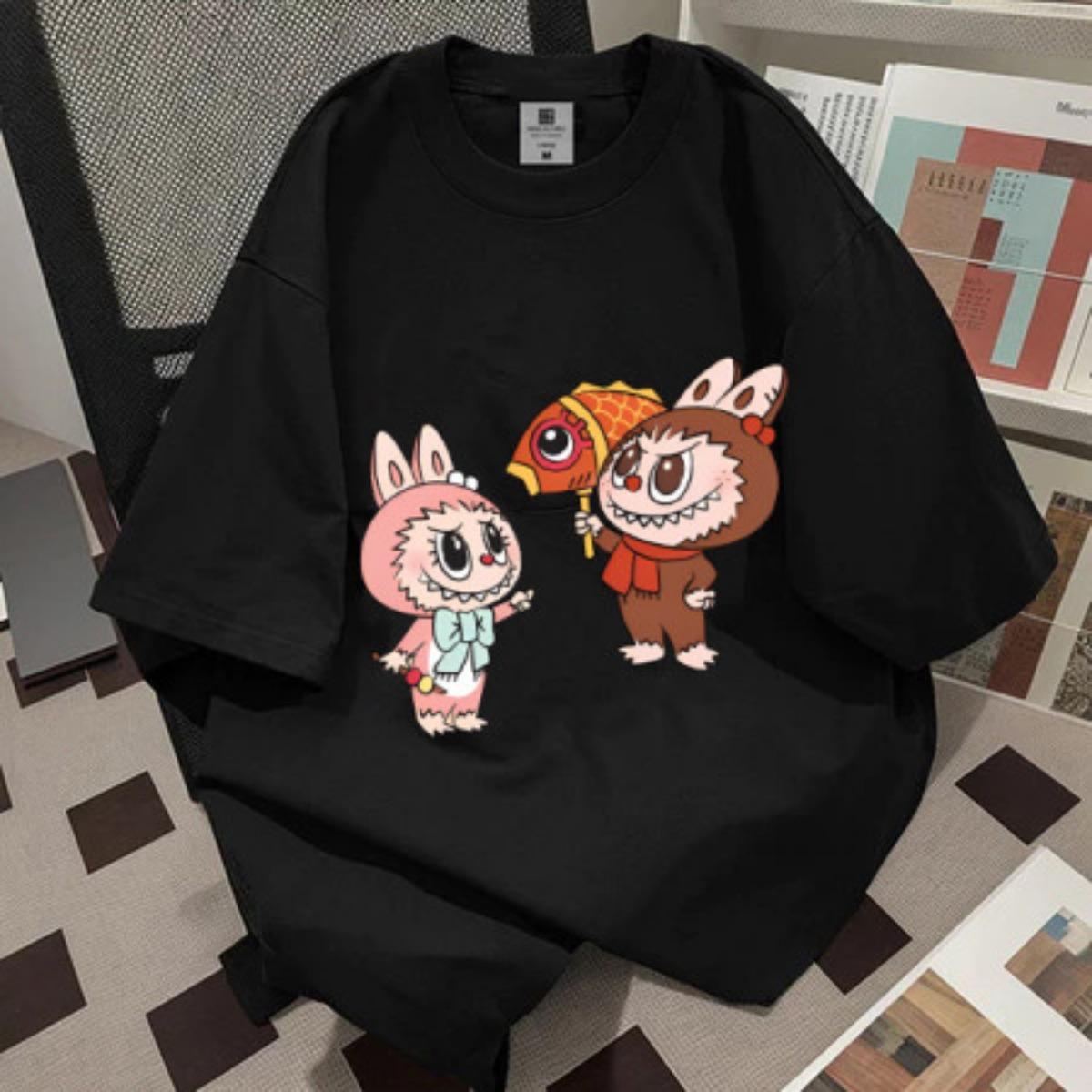 

2025 Labubu pure cotton round collar men s and women s casual comfortable short sleeve 6XL