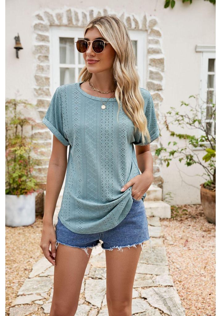 2024 Summer Women's Eyelet Hollow-Out Round Neck Short Sleeve Casual T-shirt
