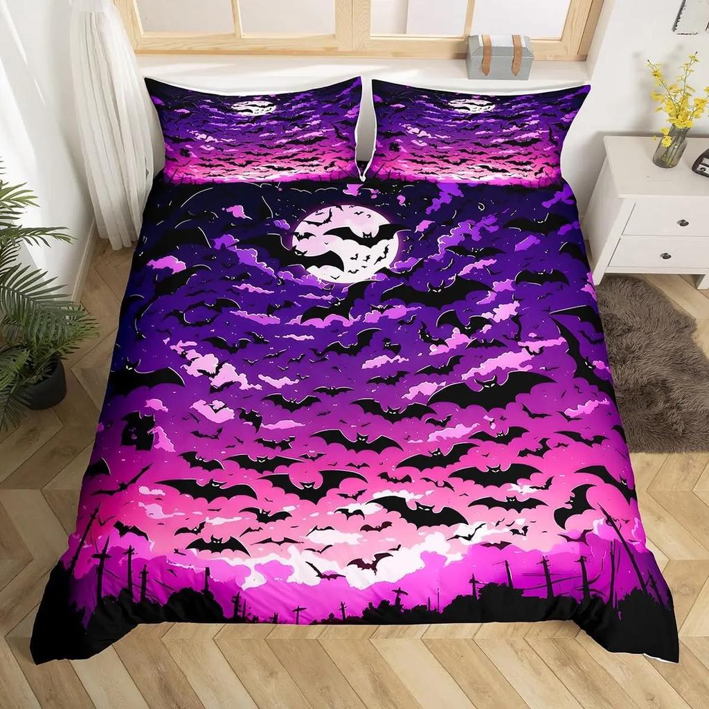Fledermausdruck Bettbezug Twin Queen Halloween Bettwäsche-Set für Jungen Mädchen Kinder Regenbogen Bettdeckenbezug Farbverlauf Stil Raumdeko