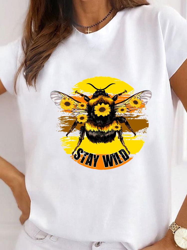Women Clothes Bee Love Style Letter Clothing Print T Shirt Short Sleeve Summer Top Tee Basic Fashion Graphic T-shirt