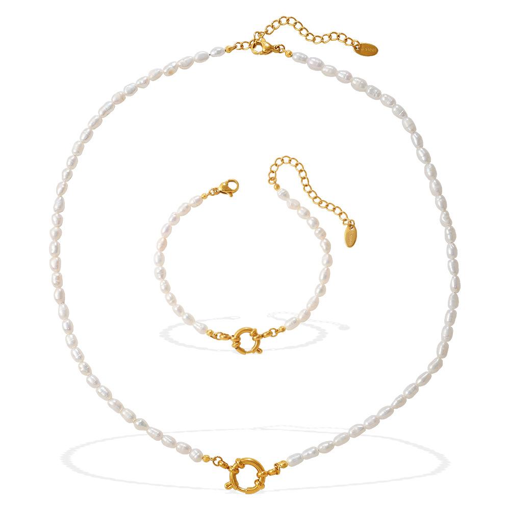 Vintage Gentle Elegant Freshwater Pearl Bracelet Necklace Set Stainless Steel Metal Buckle Commuter Clavicle Chain