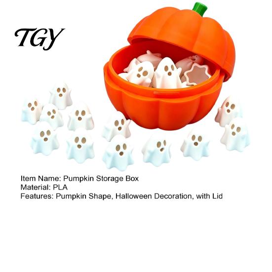 Decorative Pumpkin Container Halloween Box with 20 Mini Ghosts, Storage for Candy & Ghost Figurines Treat, Lid Trick or Treat Holiday Party