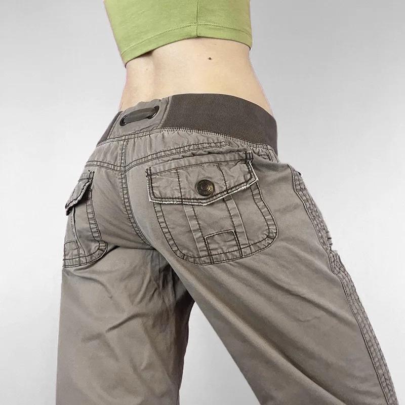ZYLLO Retro Snörning Låg Midja Byxor Streetwear Patchwork Lös Casual för Kvinnor Harajuku Raka Byxor Koreansk Mode