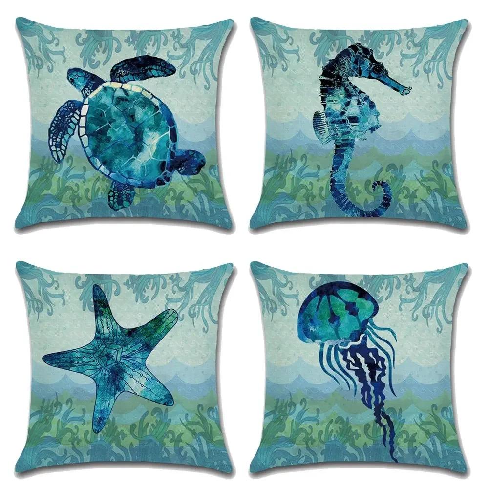 Sea Creatures Turtle Seahorse Starfish Jellyfish Pattern Cushion Cover Suitable For Sofa Bedroom Car Pillow Cover
