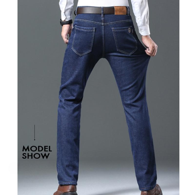 Winter Wool Velvet Men's Jeans Fleece Thickened Straight Mid-waist Business Casual Comfortable Thermal Straight Denim Trousers
