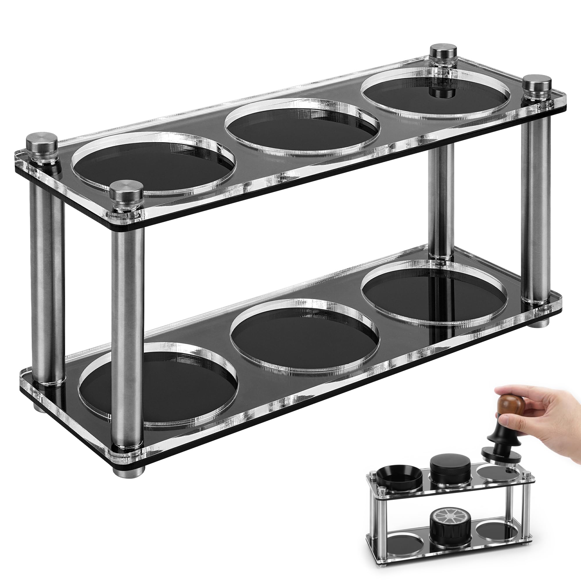 

TOCCOOL Espresso Tamper Holder, Double-Layer Acrylic Stand for 515358mm Flour Presses, Distributors, and Measuring Rings, Holds 6 Barista Accessories