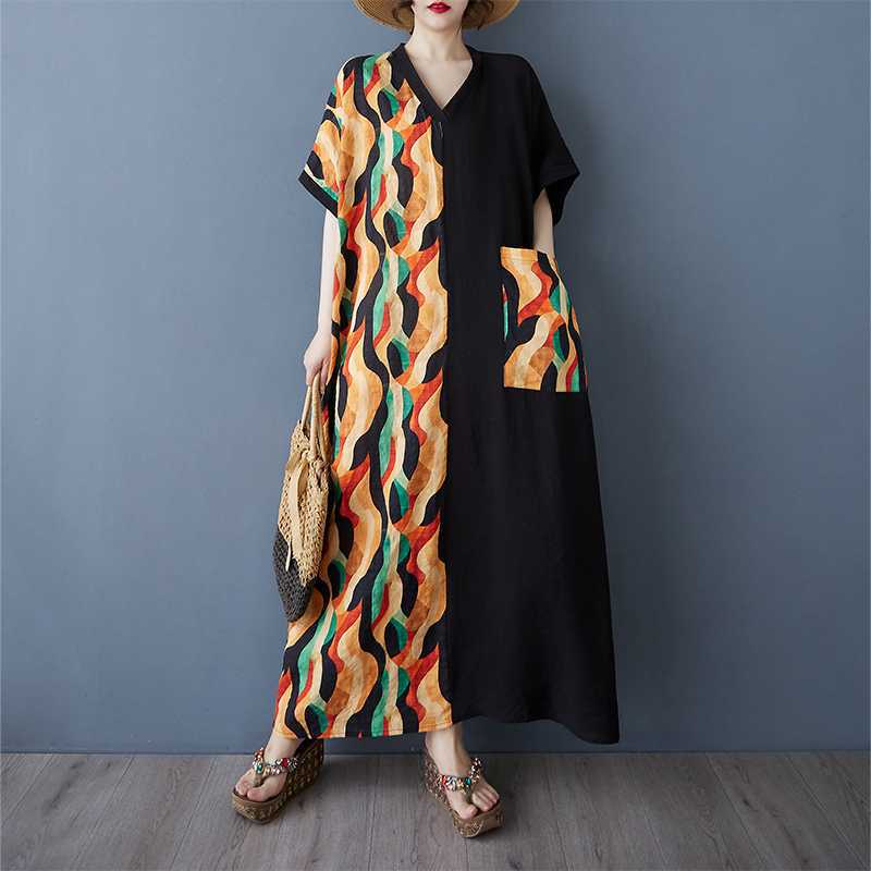 

Colorful Patchwork Black Long Dress Vintage Robe One size