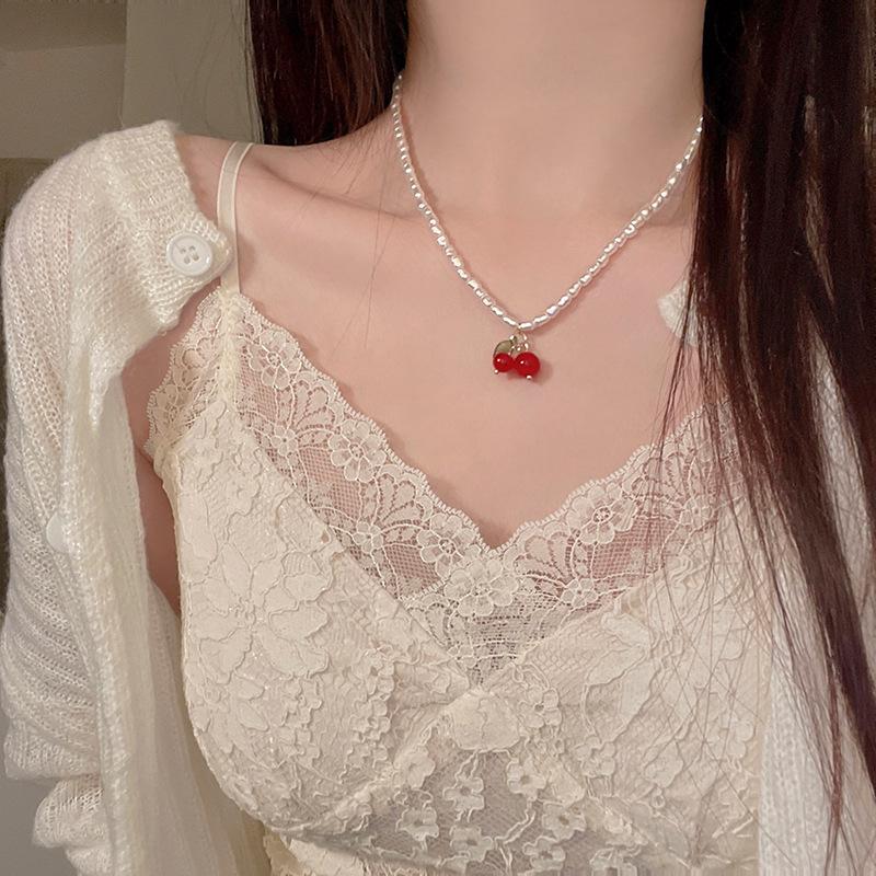 Pearl Cherry Necklace - Women's Luxury Choker, Sweet Fresh Clavicle Chain