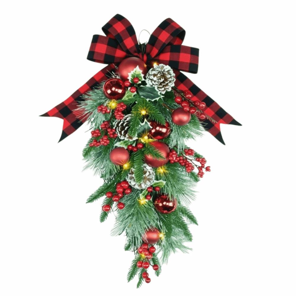 Realistic Artificial Christmas Wreath Pine Needles Droplet Style Wall Hanging Christmas Garland Teardrop Shape Red Berries