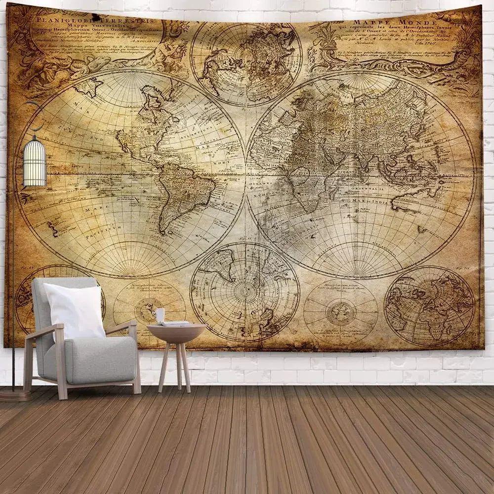 VIKAMA Vintage World Map Tapestry Living Room And Bedroom Decoration Tapestry Interior Wall Decoration Fabric