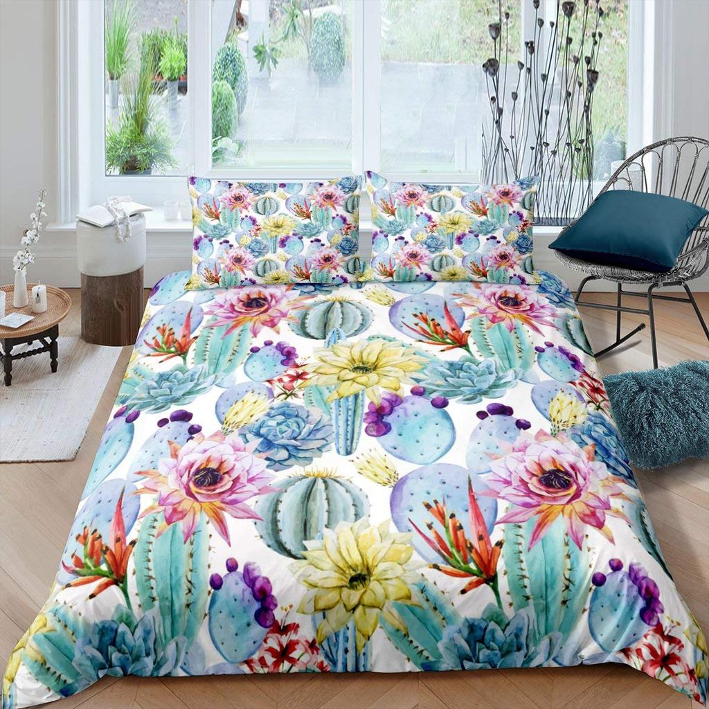 Succulents Duvet Cover Set Green Plant Tropical Botanical Bedding Set Watercolor Painting Stylish Nature Theme Twin Quilt Cover