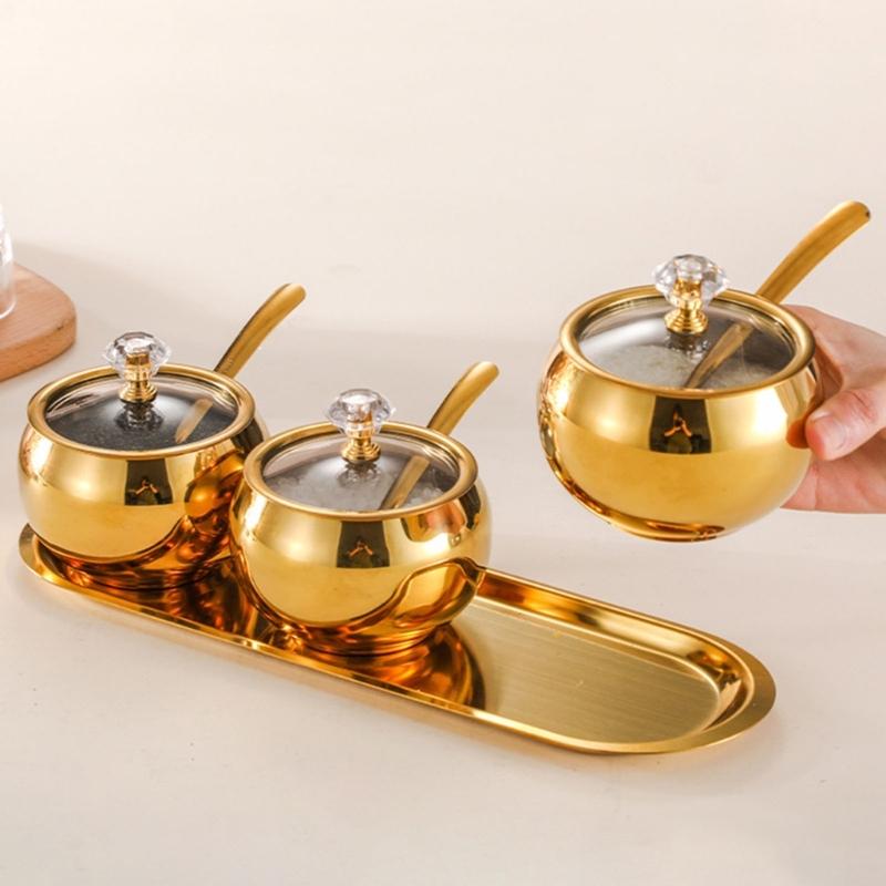Praktische Gewürzhalter Langlebiger Stahl Küchengewürzbehälter mit Löffeldeckel und Edelstahl-Tablett