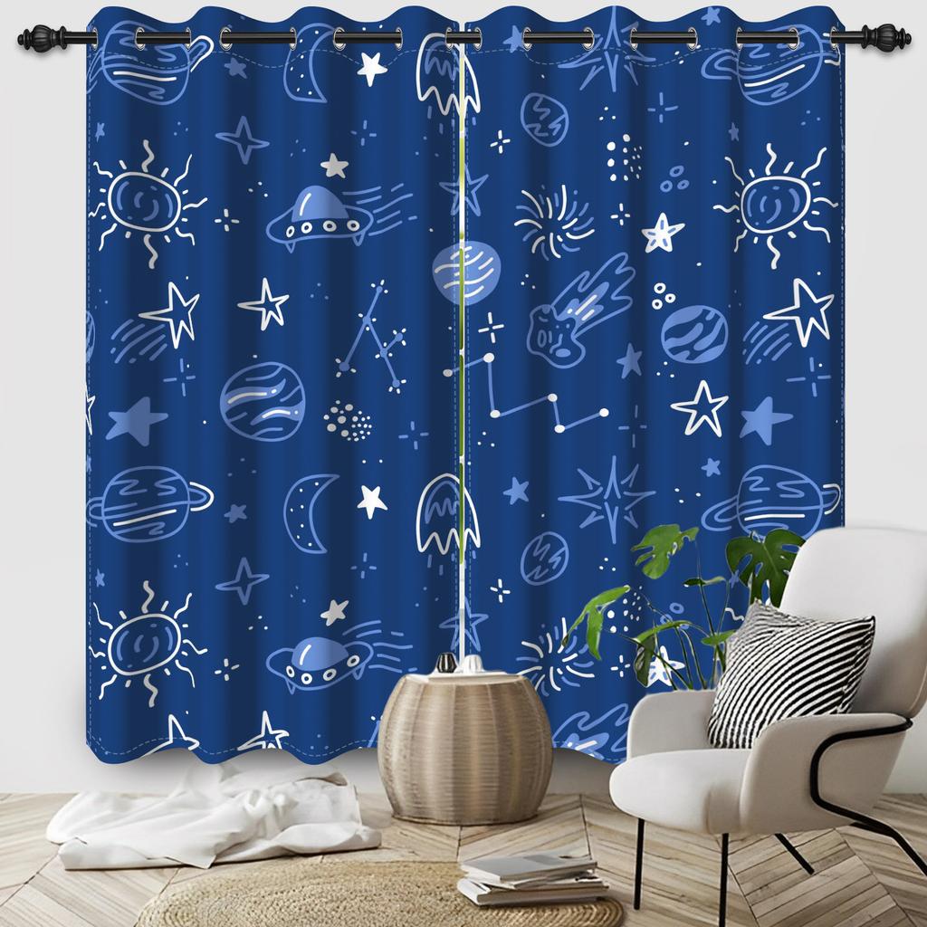 Cosmic Planet Curtains Cartoon Pattern Printed Window Polyester Thermal Insulated Home Interior Curtain Blackout