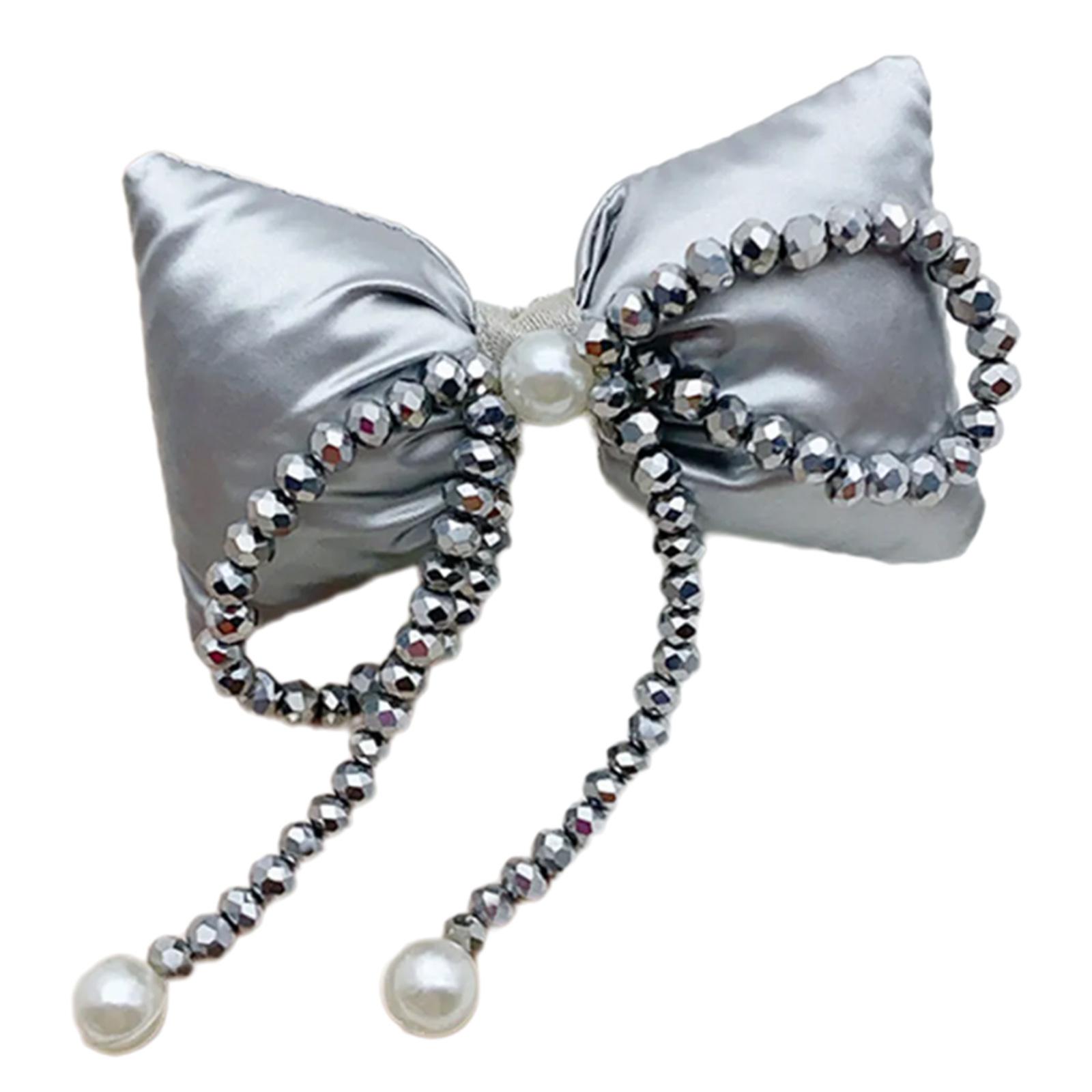 

Мягкая и стильная тканевая заколка-бантик с украшением из кристаллов, сверкающая заколка для волос с бисером из кристаллов серый