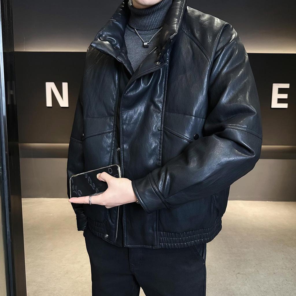 Men's Trendy Winter Leather Down Jacket - Short Stand Collar, Warm, PU Leather, Thickened, Wash-Free