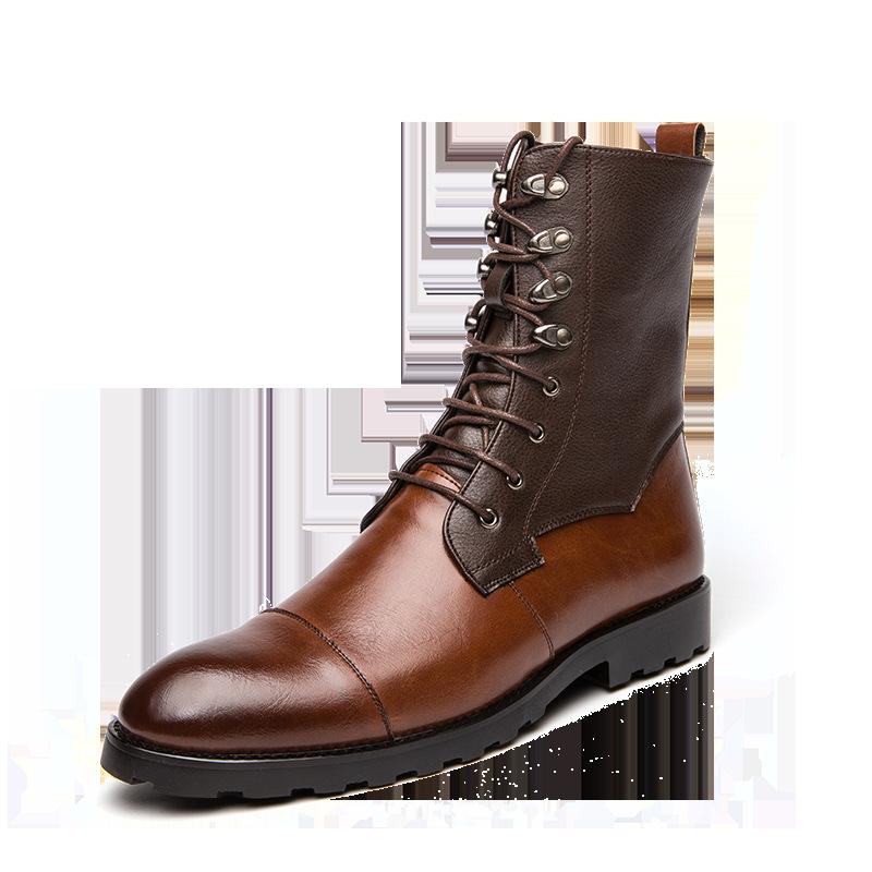 Fashion Mens Chelsea Boots Casual Pointed Toe Man Shoe Vintage Leather Footwear Men High Top Boots Lace-up Motorcycle Shoes