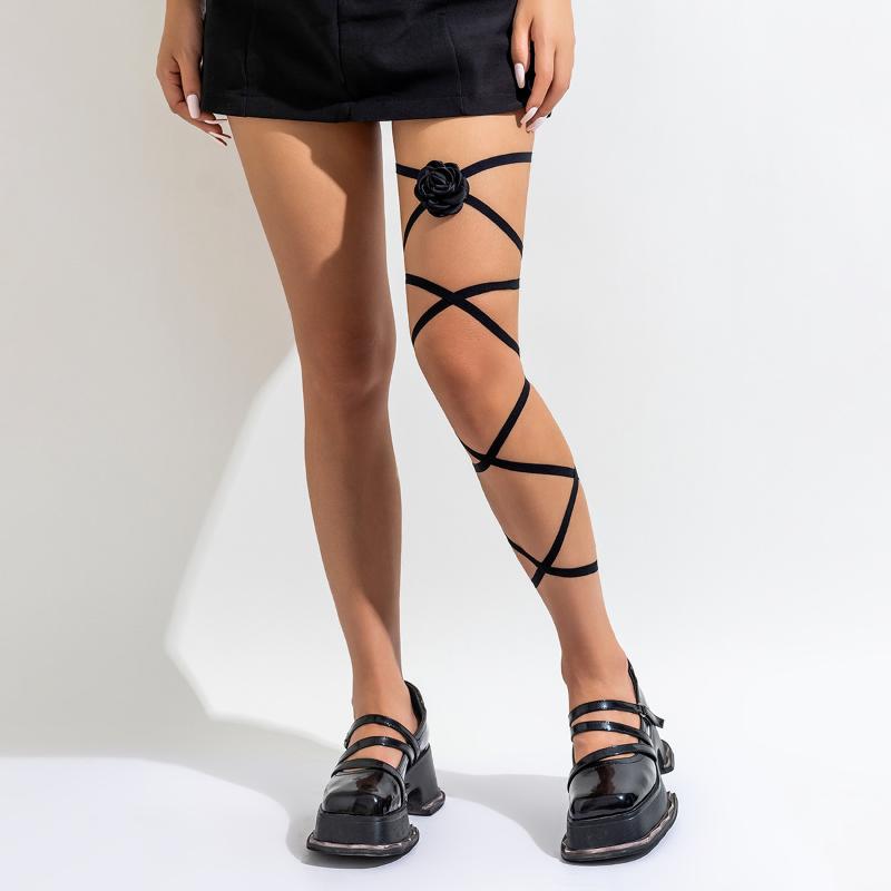 Lolita Cross Bandage Stehenní řetízek Harajuku Sexy Black Flower Butterfly Nohy Náramek Elastické Y2K tělové šperky Příslušenství