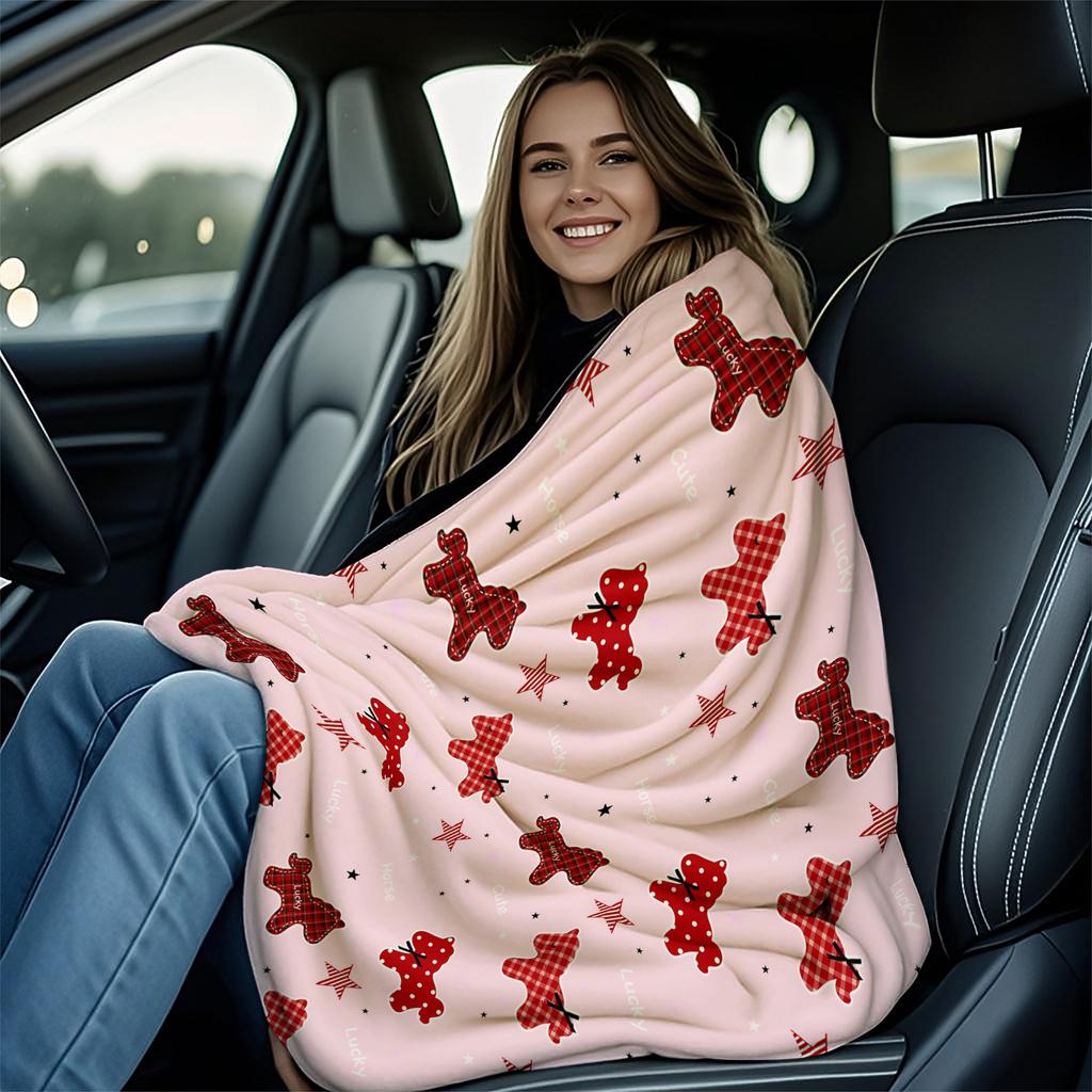 1PC Sweet Pink Pony Plaid Print Fleece Throw Blanket for Adult Quality Super Soft Warm Universal Blanket for Travel Office Home