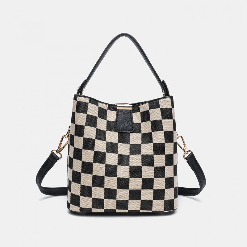 Borsa da Donna Retrò a Scacchiera Borsa a Secchiello Portamanico Grande Capacità Borsa a Spalla/Messenger Borsa Casual Coreana in Tela