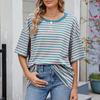 Women T-shirt Loose Fit Striped Print Round Neck Short Sleeve Tee Tops Elastic Fit Summer Pullover Tops